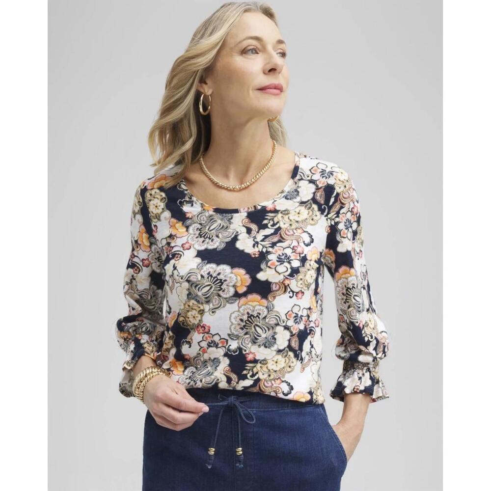 Chicos top XL floral cotton modal abstract smocked floral office business work